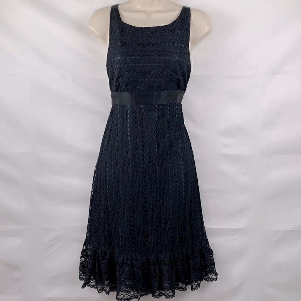 Milly Black Lace halter event cocktail dress with bow and ruffle hem